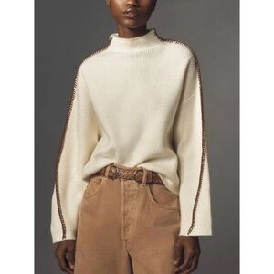 Anthropologie Cream Turtleneck Sweater with Brown Trim